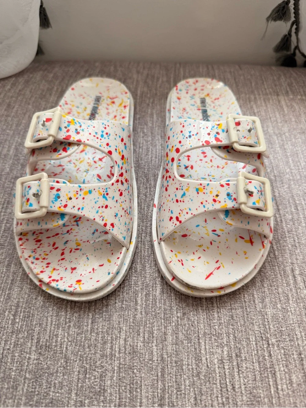 Mini Melissa White Slide Sandals with Colorful Speckle Print size 2